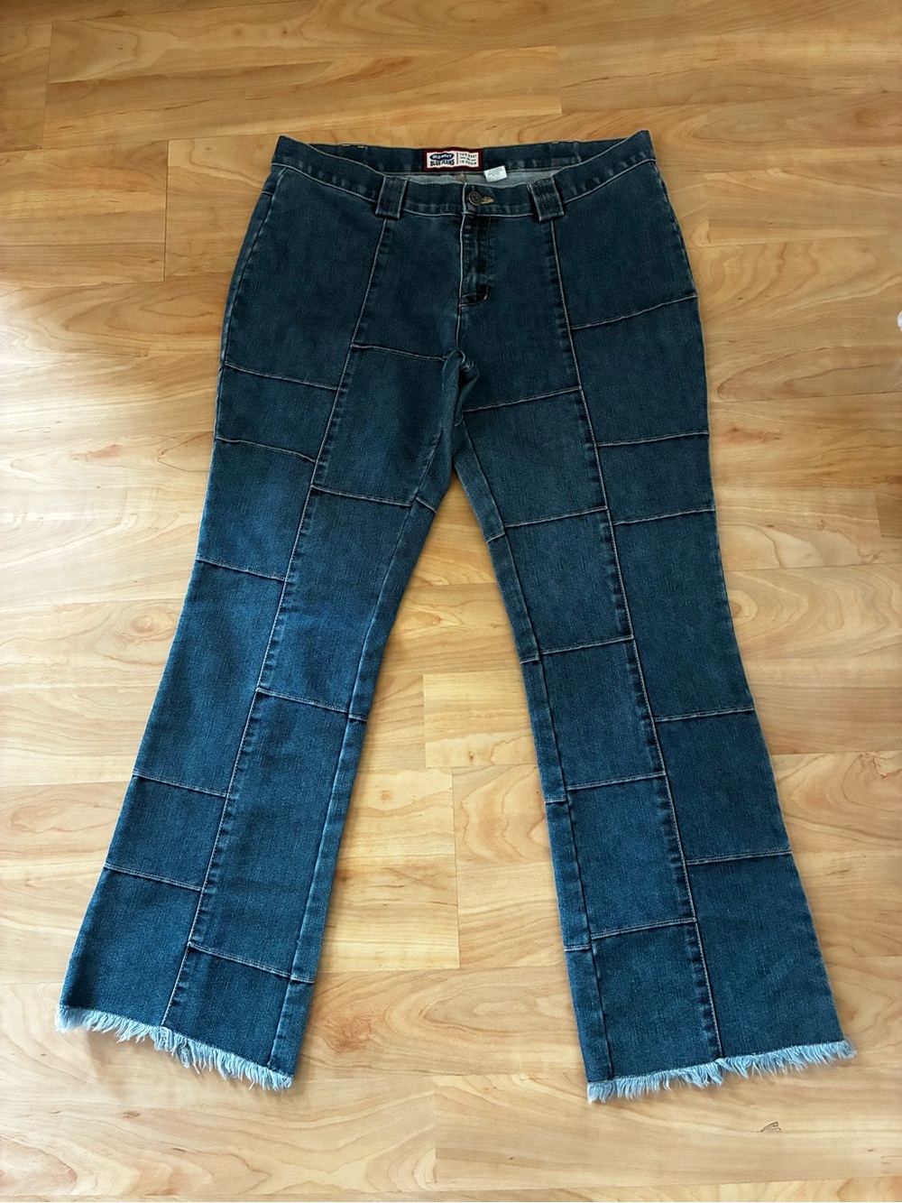 Old Navy Dark Blue Patchwork Boot Cut Leg Jeans Fringe Hem size 14